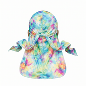 Color Bomb multicolor Tye Dye Satin Silky Durag - premium silky durag back view showing wrap straps, tail and stitching