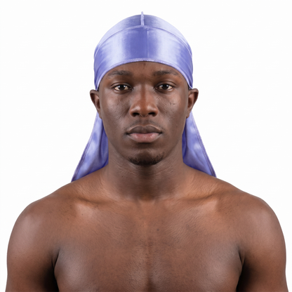 Premium Silk Durag Moonlight Blue worn by male model, front view on white background