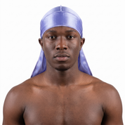 Premium Silk Durag Moonlight Blue worn by male model, front view on white background
