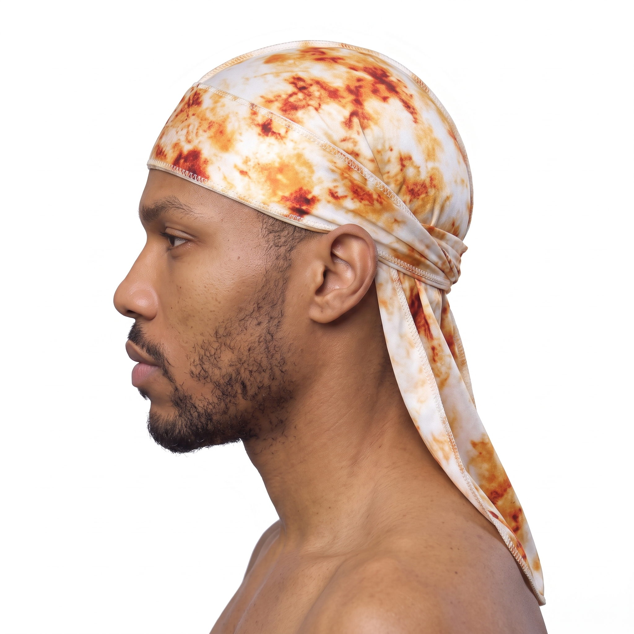 Bronze Tye Dye Satin Silky Durag worn by male model, side profile showing fit and tail drape