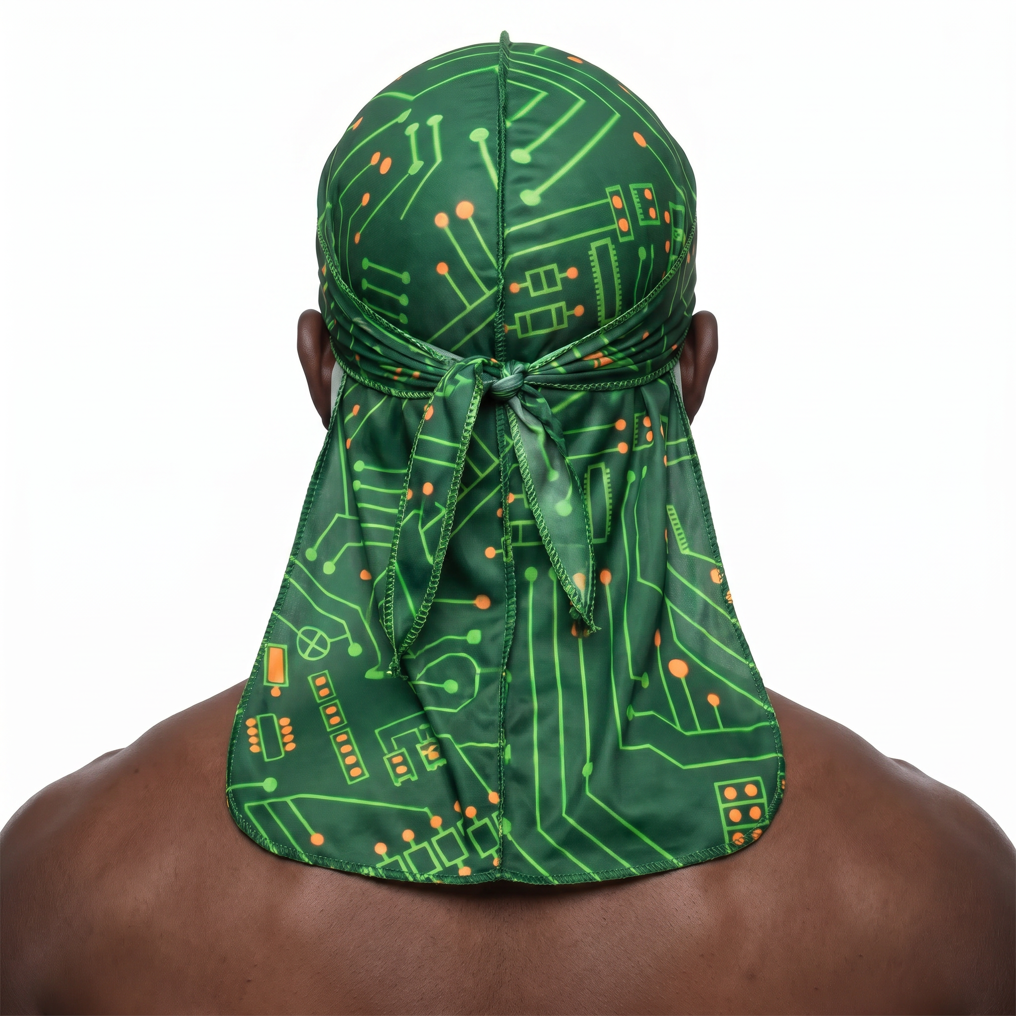 Digital Green pixel camo Satin Silky Durag worn by male model, back view showing tied wrap and tail