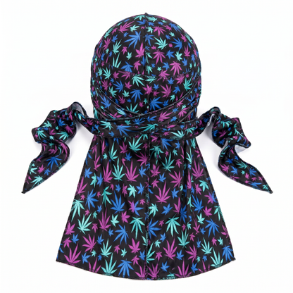 Cannabis Purple and Blue leaf print Satin Silky Durag - premium silky durag back view showing wrap straps, tail and stitching