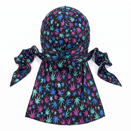 Cannabis Purple and Blue leaf print Satin Silky Durag - premium silky durag back view showing wrap straps, tail and stitching