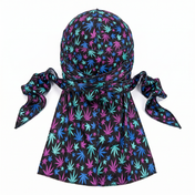 Cannabis Purple and Blue leaf print Satin Silky Durag - premium silky durag back view showing wrap straps, tail and stitching