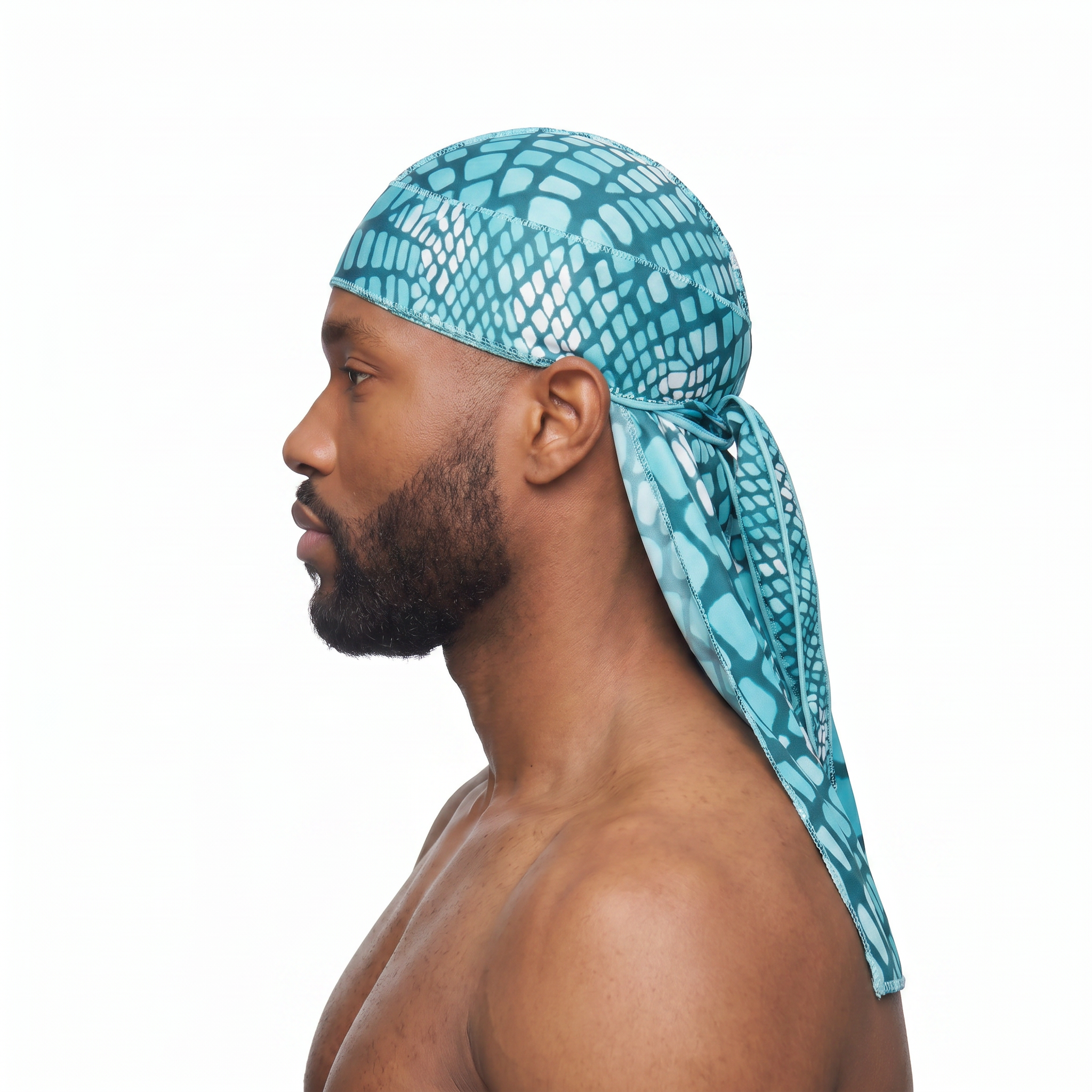 Diamond Blue reptile snakeskin Satin Silky Durag worn by male model, side profile showing fit and tail drape