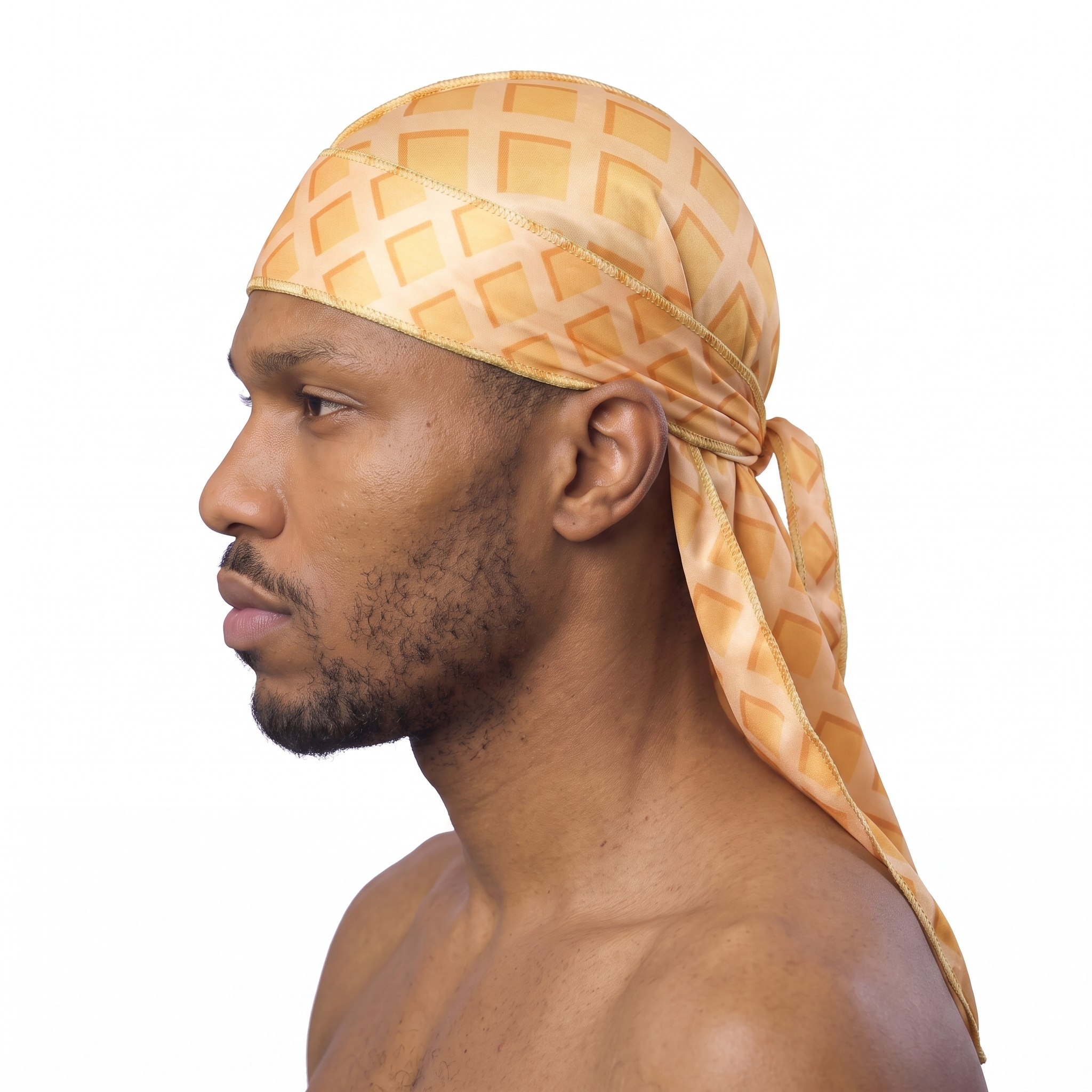 Honey Cone waffle-cone Satin Silky Durag worn by male model, side profile showing fit and tail drape