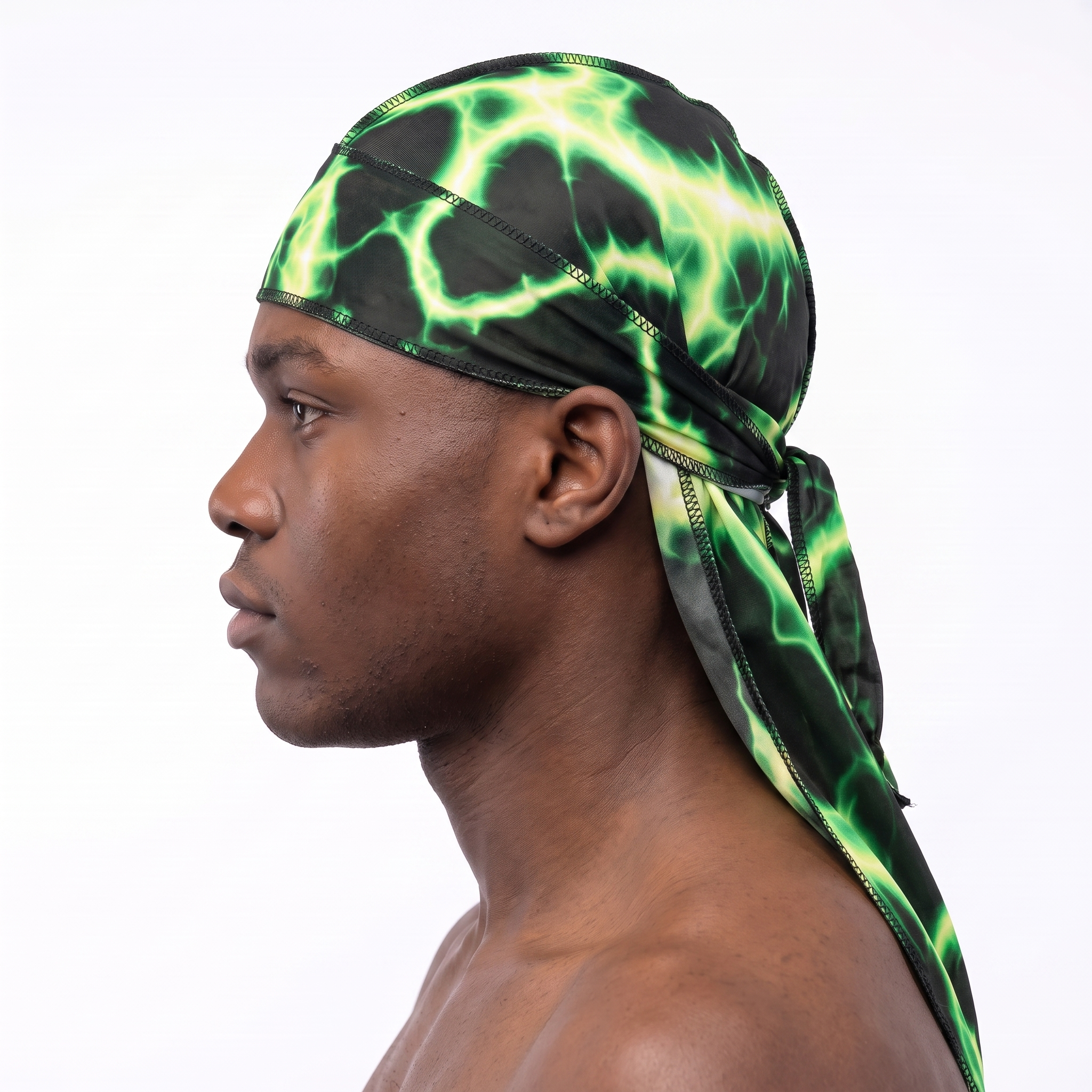 Voltage Green lightning Satin Silky Durag worn by male model, side profile showing fit and tail drape