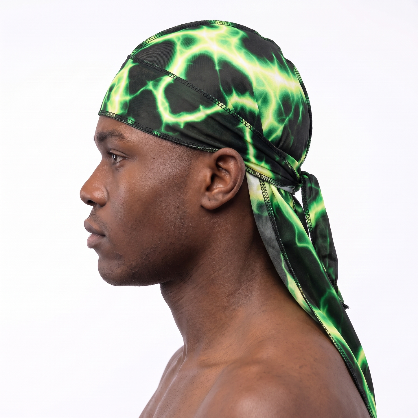 Voltage Green lightning Satin Silky Durag worn by male model, side profile showing fit and tail drape