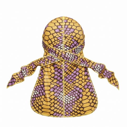 Yellow and Purple Mamba reptile snakeskin Satin Silky Durag - premium silky durag back view showing wrap straps, tail and stitching
