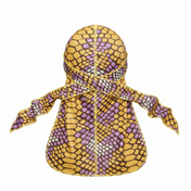 Yellow and Purple Mamba reptile snakeskin Satin Silky Durag - premium silky durag back view showing wrap straps, tail and stitching