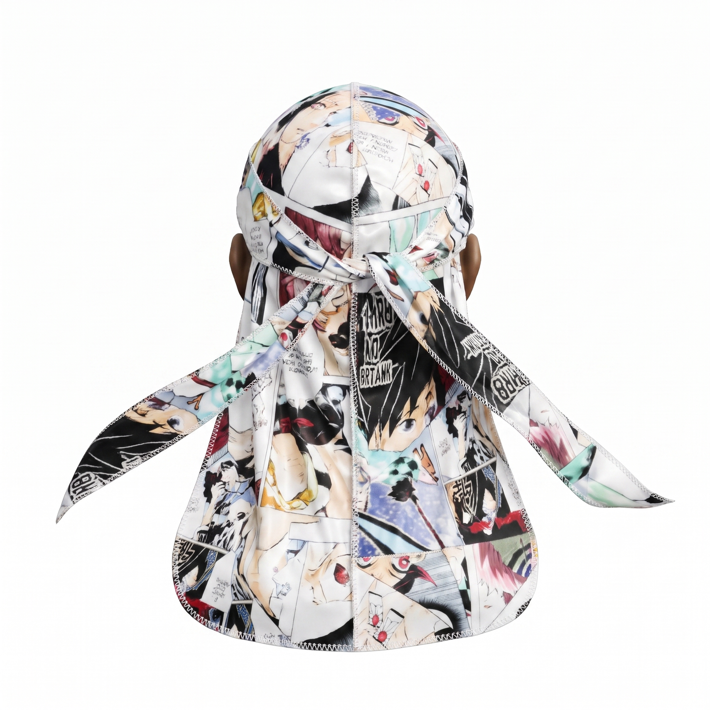 Demon Slayer anime graphic Satin Silky Durag - premium silky durag back view showing wrap straps, tail and stitching