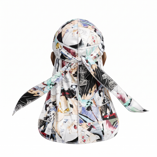 Demon Slayer anime graphic Satin Silky Durag - premium silky durag back view showing wrap straps, tail and stitching