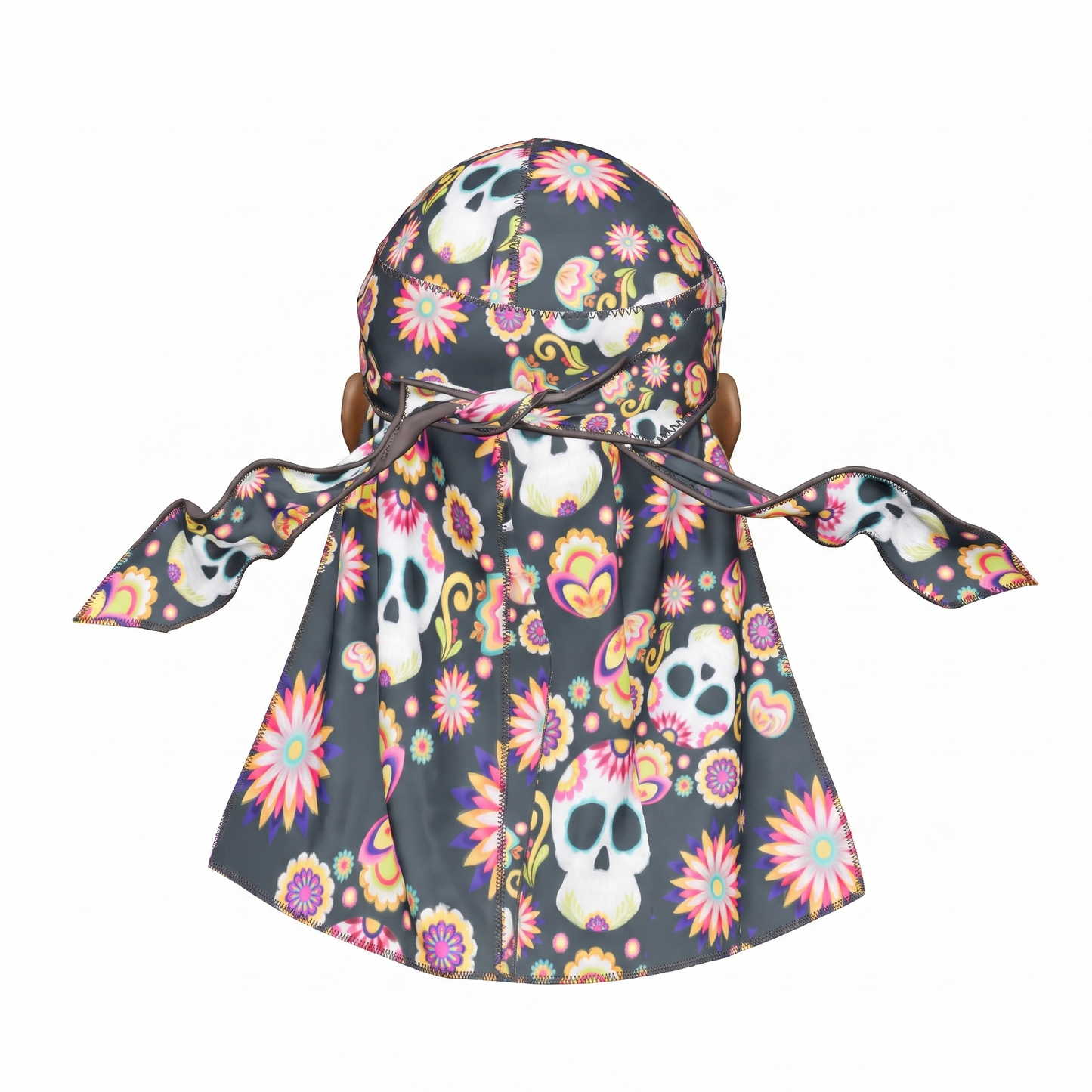 Cinco De Mayo Black festive Satin Silky Durag - premium silky durag back view showing wrap straps, tail and stitching
