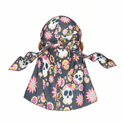 Cinco De Mayo Black festive Satin Silky Durag - premium silky durag back view showing wrap straps, tail and stitching