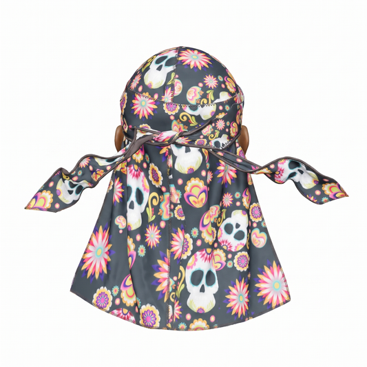 Cinco De Mayo Black festive Satin Silky Durag - premium silky durag back view showing wrap straps, tail and stitching