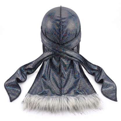 Premium Fur Hologram Durag - premium durag back view showing wrap straps, tail and stitching