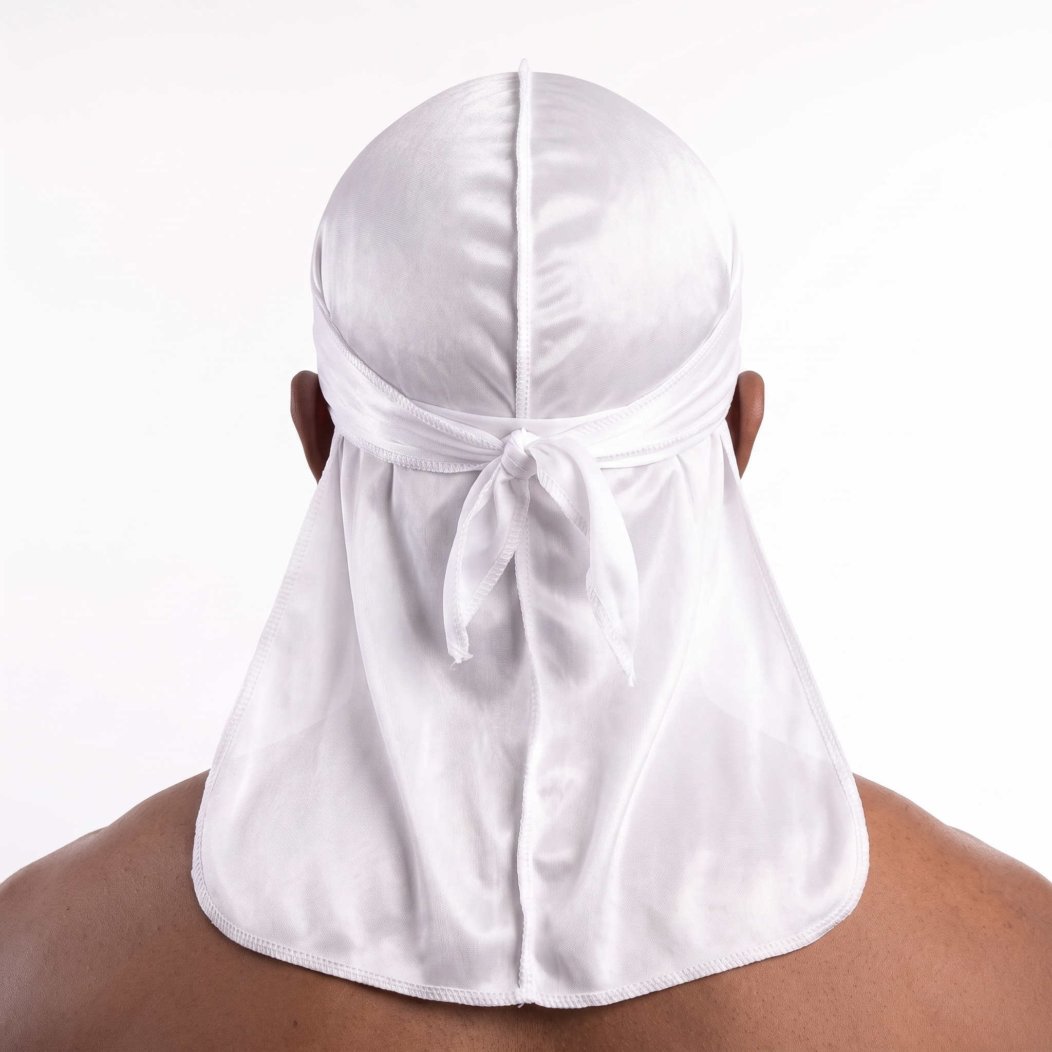 Premium White Silk Durag worn by male model, back view showing tied wrap and tail