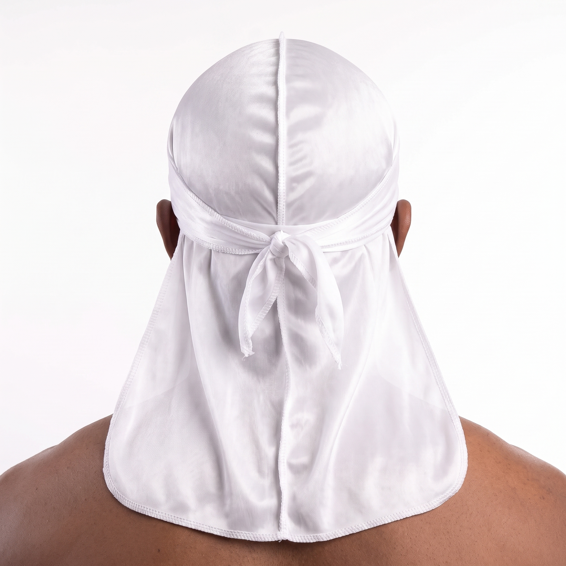 Premium White Silk Durag worn by male model, back view showing tied wrap and tail
