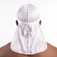 Premium White Silk Durag worn by male model, back view showing tied wrap and tail