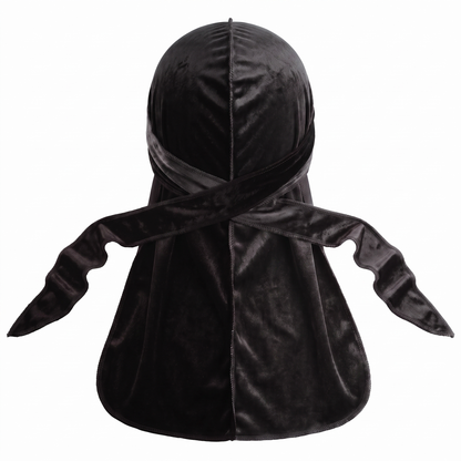 Premium Black Velvet Durag - premium velvet durag back view showing wrap straps, tail and stitching