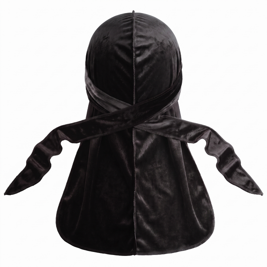 Premium Black Velvet Durag - premium velvet durag back view showing wrap straps, tail and stitching