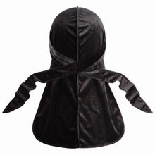 Premium Black Velvet Durag - premium velvet durag back view showing wrap straps, tail and stitching