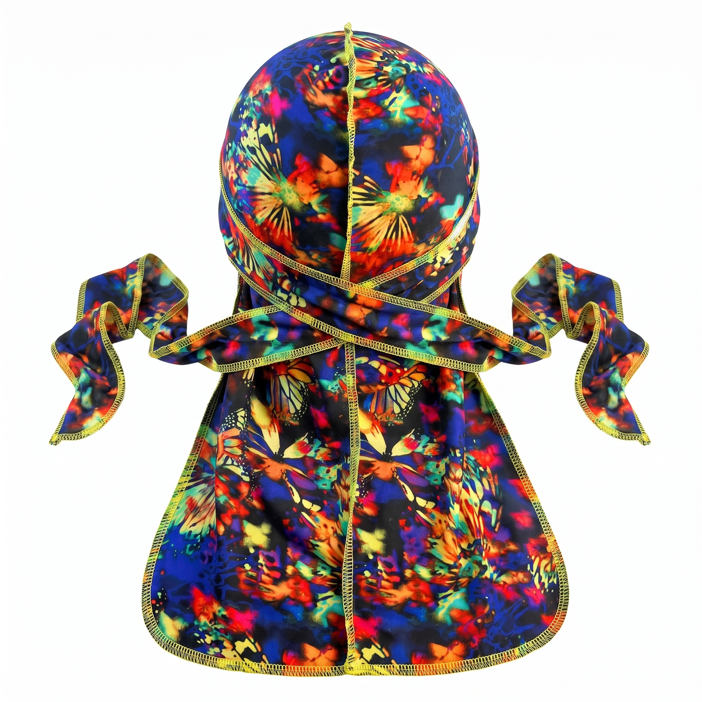 Elite Pattern Multi-Color Butterfly Durag - premium durag back view showing wrap straps, tail and stitching