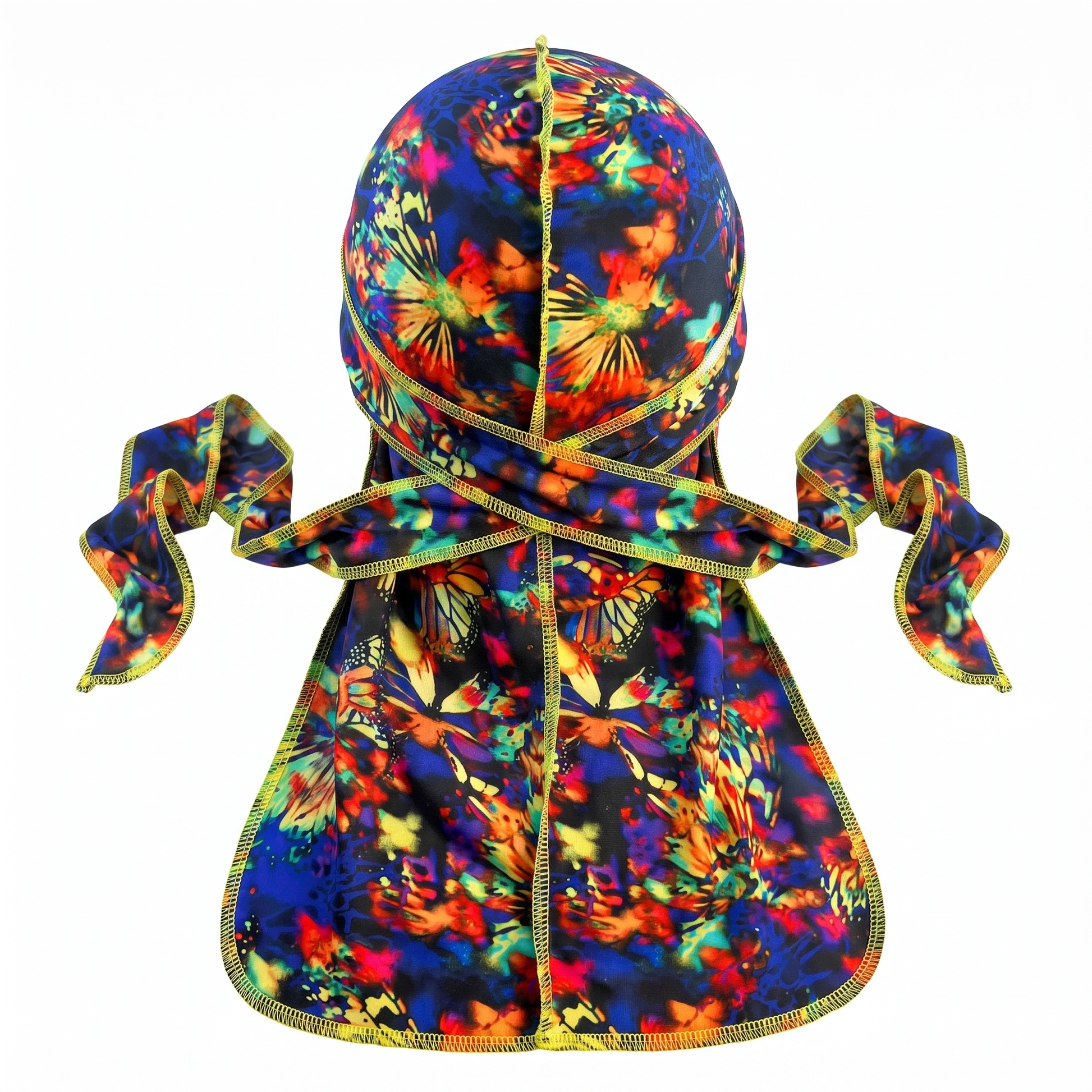 Elite Pattern Multi-Color Butterfly Durag - premium durag back view showing wrap straps, tail and stitching