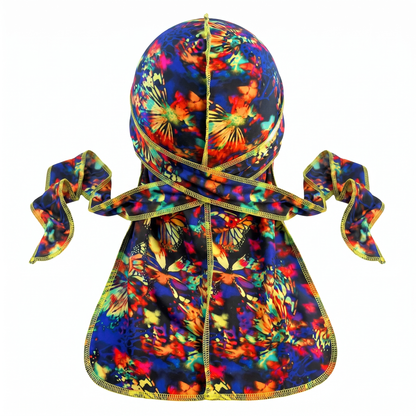 Elite Pattern Multi-Color Butterfly Durag - premium durag back view showing wrap straps, tail and stitching