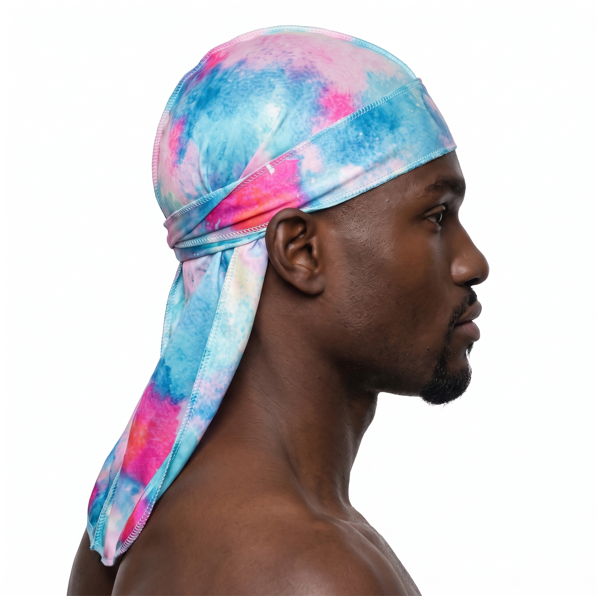 Pastel Bubble Gum Satin Silky Durag worn by male model, side profile showing fit and tail drape