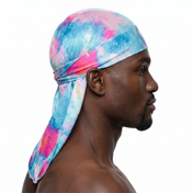 Pastel Bubble Gum Satin Silky Durag worn by male model, side profile showing fit and tail drape