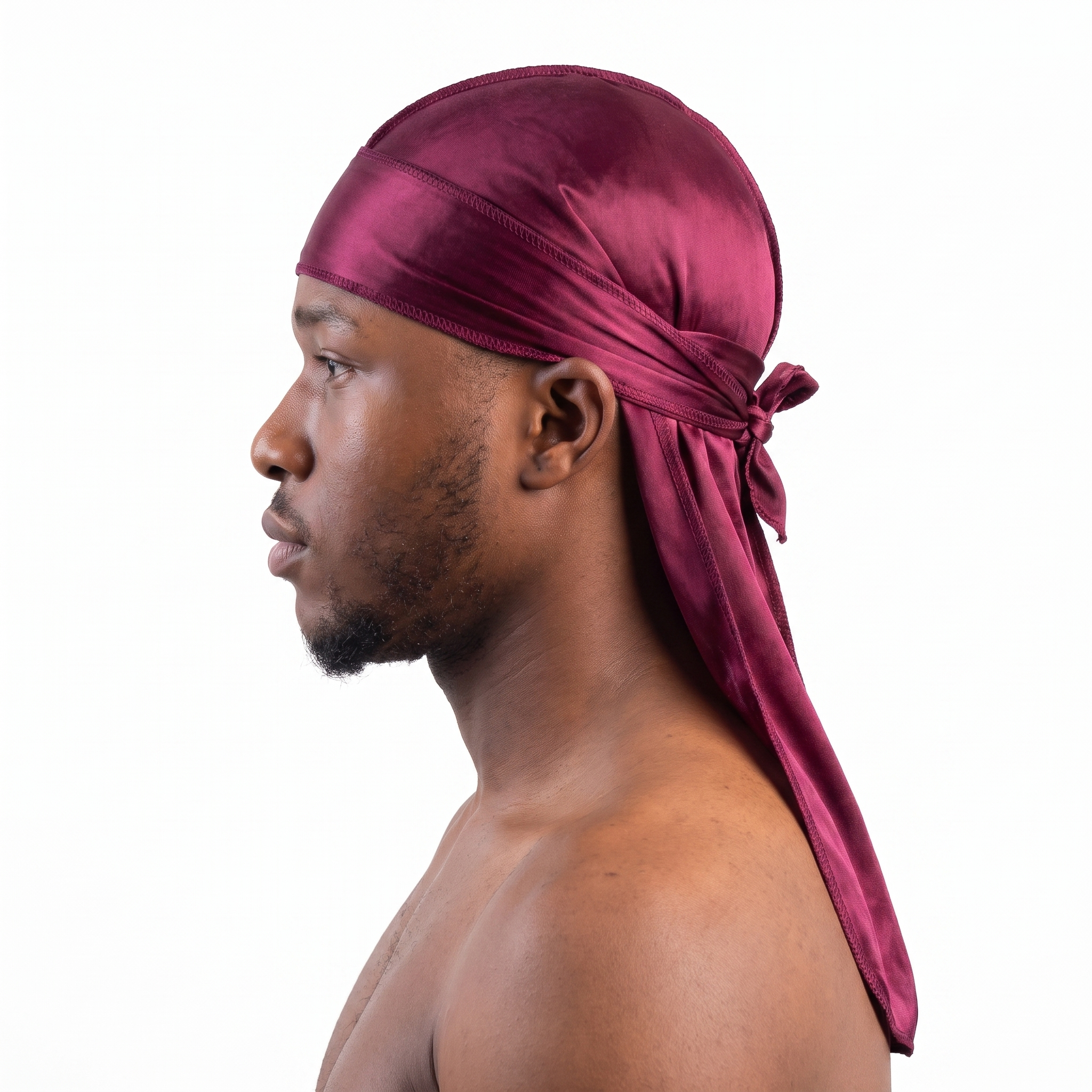 Premium Black Cherry Silk Durag worn by male model, side profile showing fit and tail drape