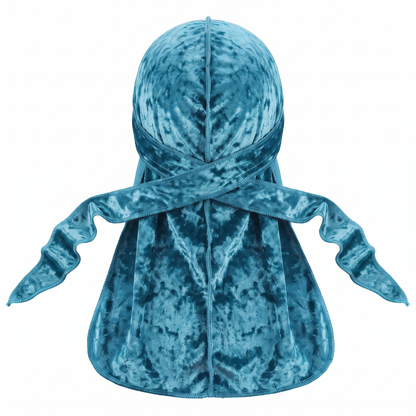 Premium Crushed Velvet Turquoise Blue Durag - premium crushed velvet durag back view showing wrap straps, tail and stitching