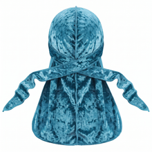 Premium Crushed Velvet Turquoise Blue Durag - premium crushed velvet durag back view showing wrap straps, tail and stitching