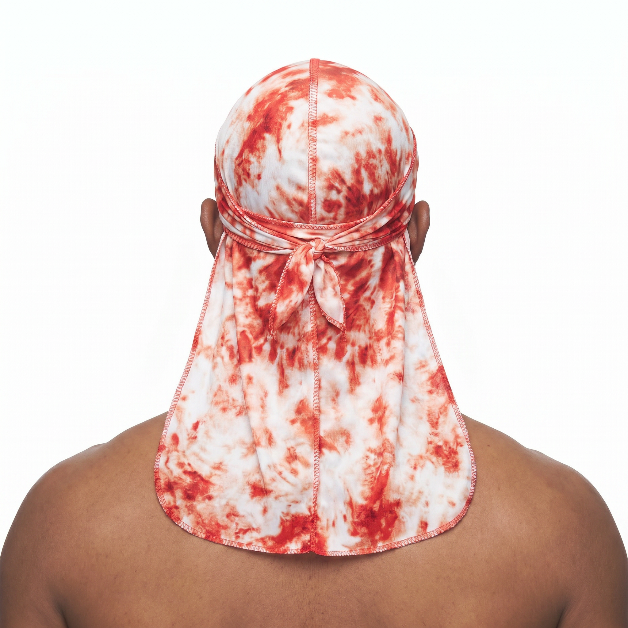 Red Tye Dye Satin Silky Durag worn by male model, back view showing tied wrap and tail