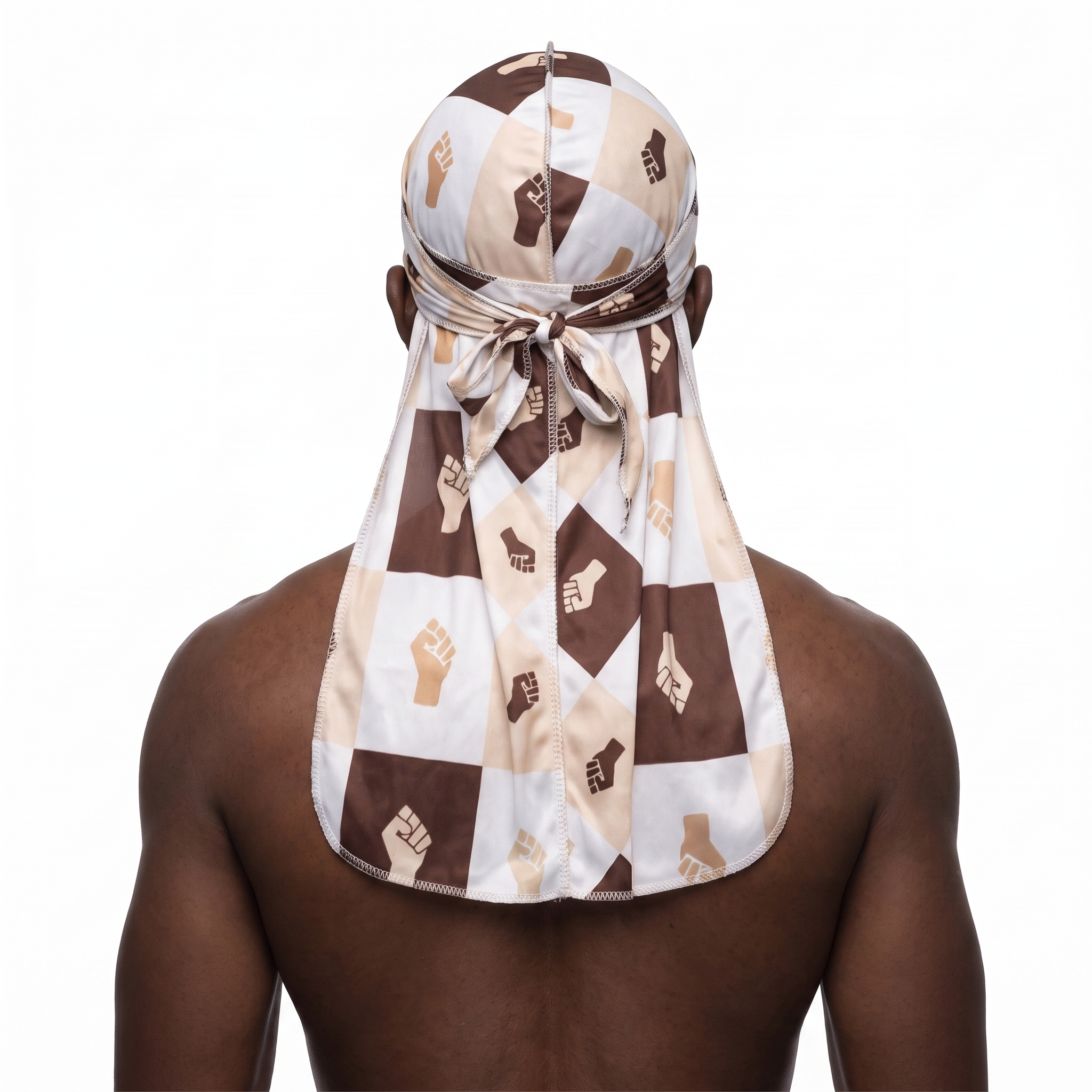 Black Power 4 graphic Satin Silky Durag worn by male model, back view showing tied wrap and tail