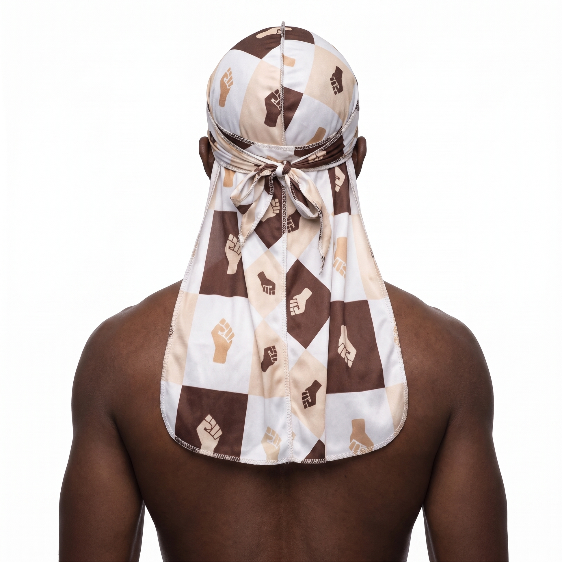 Black Power 4 graphic Satin Silky Durag worn by male model, back view showing tied wrap and tail