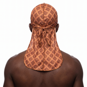 Chocolate Cone ice cream Satin Silky Durag worn by male model, back view showing tied wrap and tail