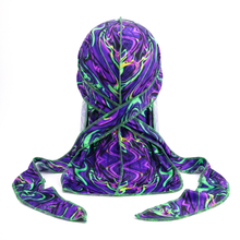 Elite Pattern Purple & Green Illusions Durag - premium durag back view showing wrap straps, tail and stitching