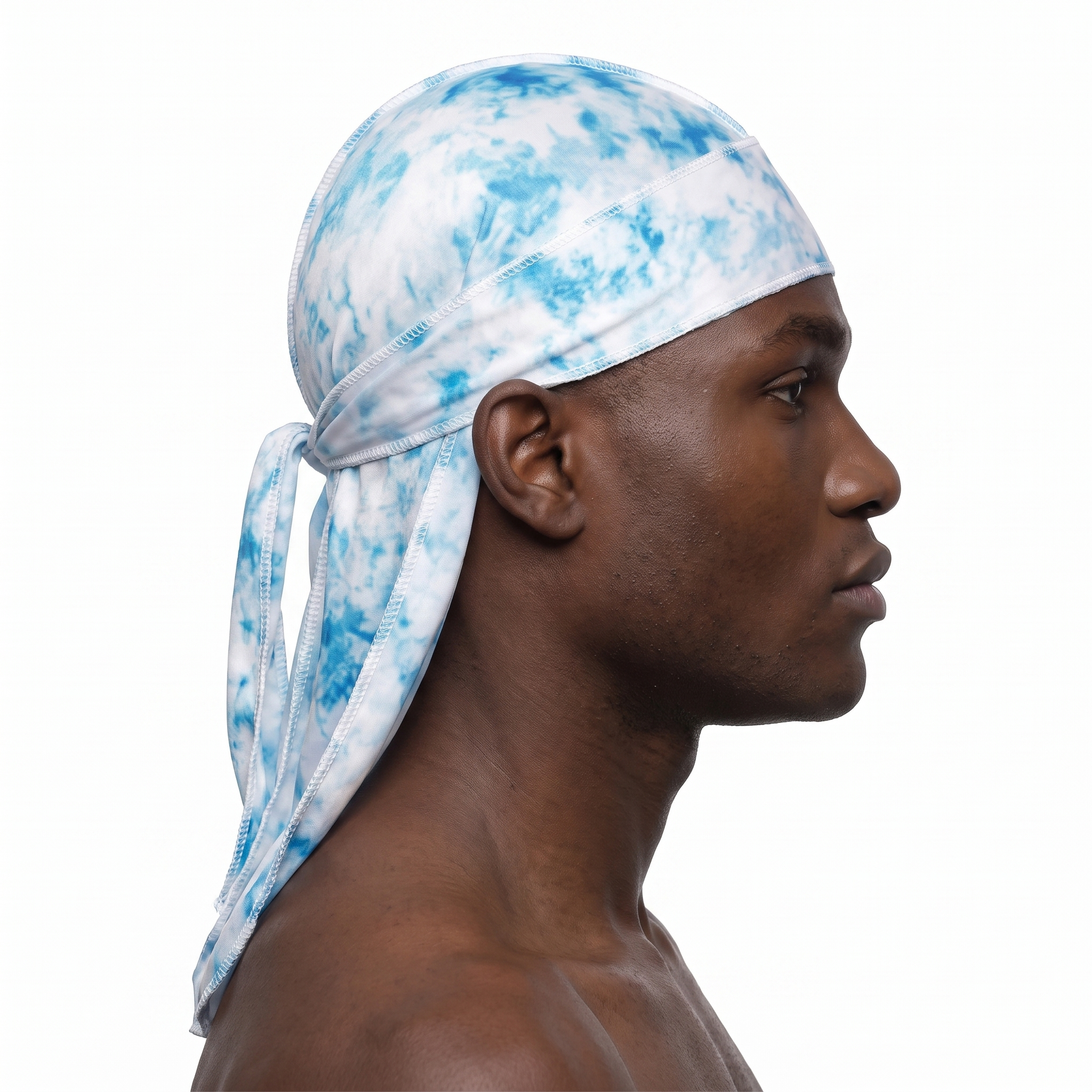 Blue Tye Dye Satin Silky Durag worn by male model, side profile showing fit and tail drape