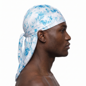 Blue Tye Dye Satin Silky Durag worn by male model, side profile showing fit and tail drape