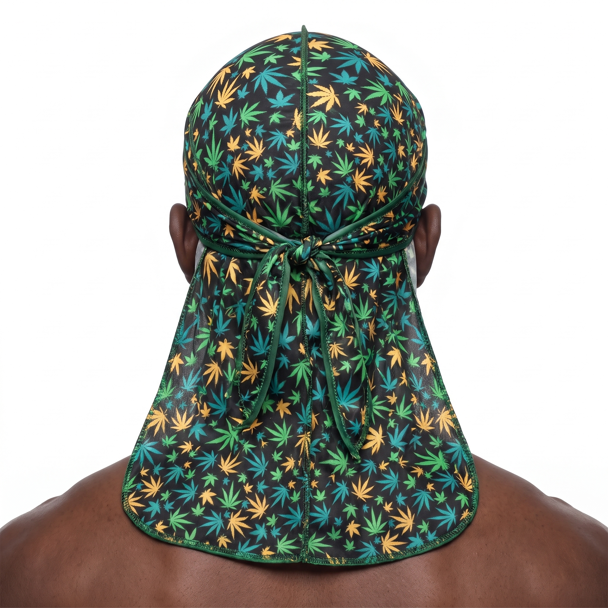 Cannabis Orange Green leaf print Satin Silky Durag worn by male model, back view showing tied wrap and tail