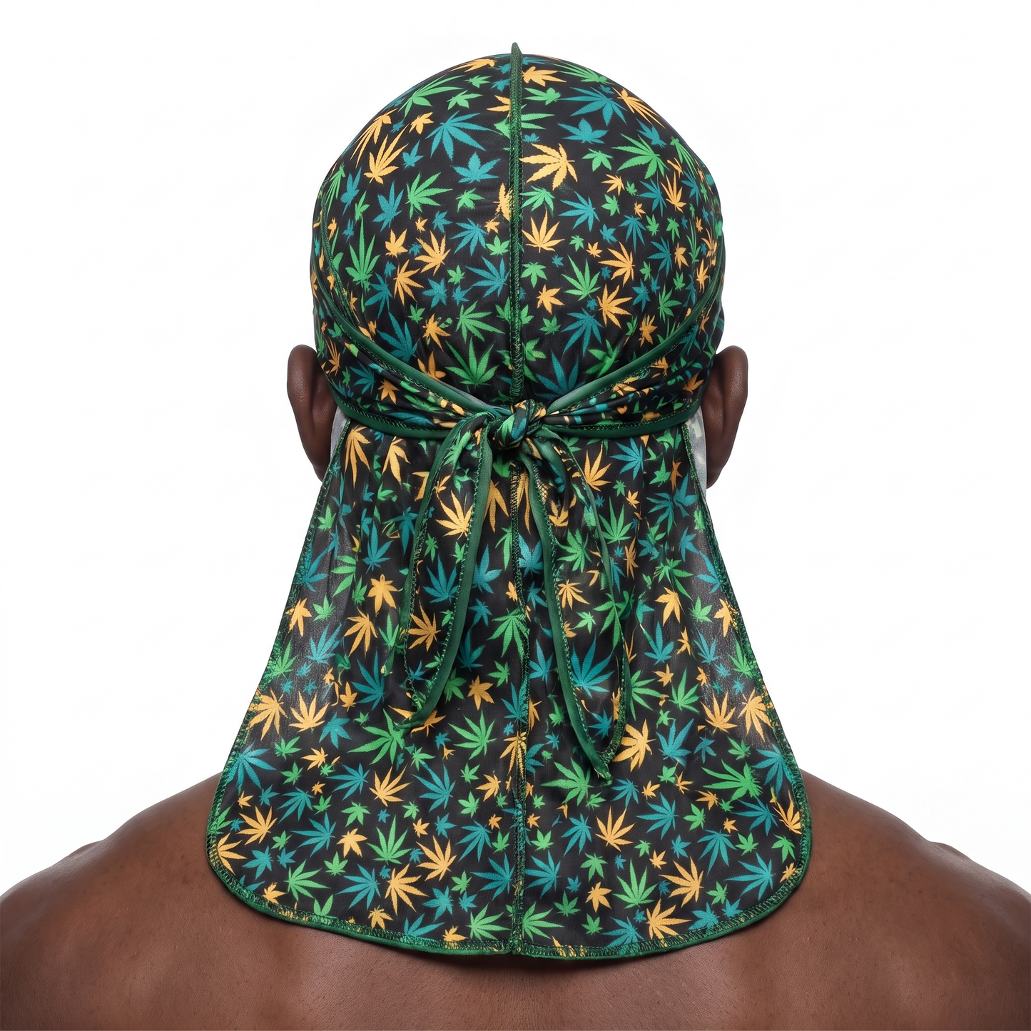 Cannabis Orange Green leaf print Satin Silky Durag worn by male model, back view showing tied wrap and tail
