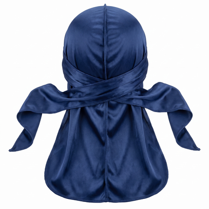 Premium Navy Blue Silk Durag - premium heavy silky durag back view showing wrap straps, tail and stitching