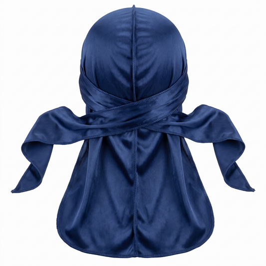 Premium Navy Blue Silk Durag - premium heavy silky durag back view showing wrap straps, tail and stitching