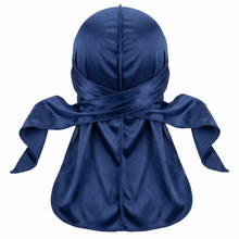 Premium Navy Blue Silk Durag - premium heavy silky durag back view showing wrap straps, tail and stitching