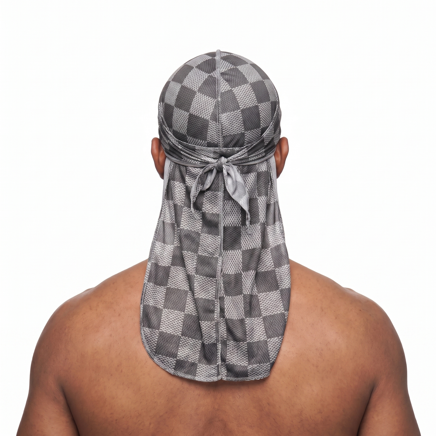 Checkered Greyscale Satin Silky Durag worn by male model, back view showing tied wrap and tail