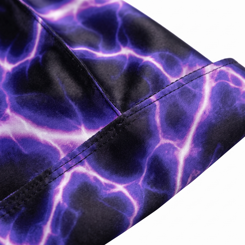 Voltage Purple lightning Satin Silky Durag fabric close-up showing Voltage Purple lightning print and stitching detail