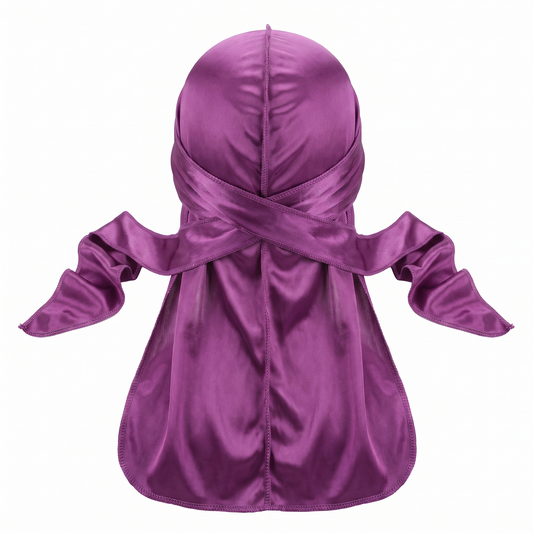 Premium Silk Durag Passion Purple - premium heavy silky durag back view showing wrap straps, tail and stitching