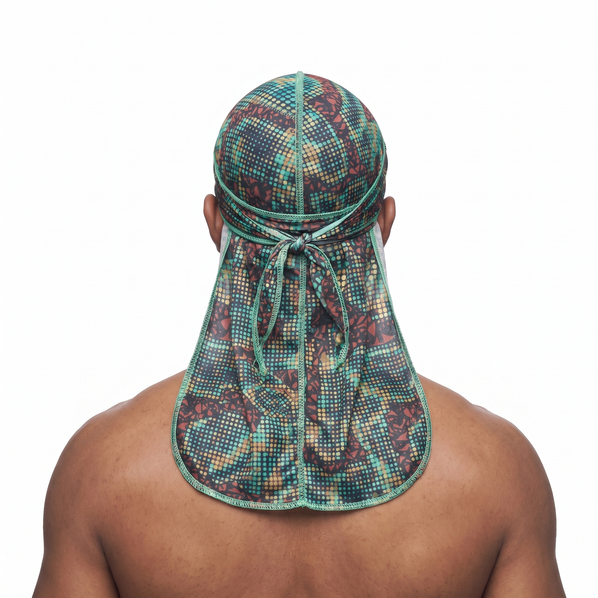 Digital Chameleon pixel camo Satin Silky Durag worn by male model, back view showing tied wrap and tail